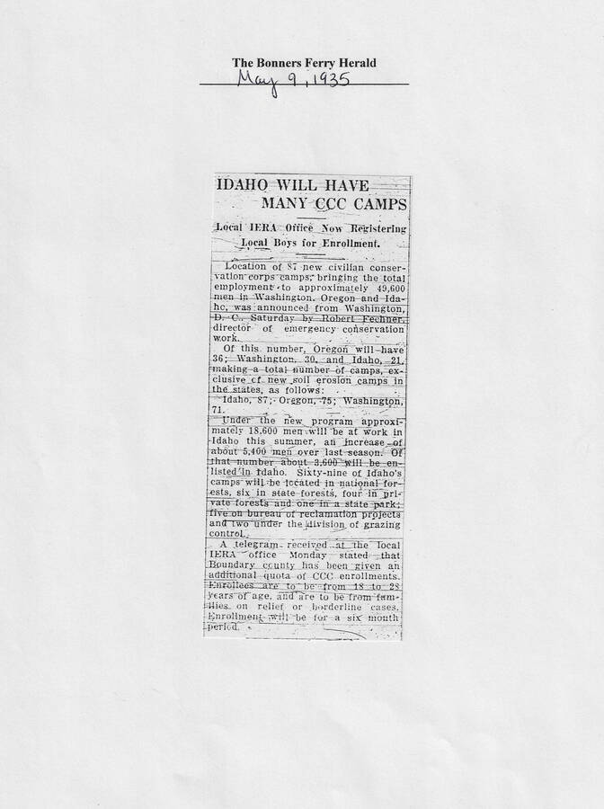 Newspaper article published in the Bonners Ferry Herald, May 9, 1935, announcing number of CCC camps to be established in Idaho, Washington and Oregon: Idaho 87; Oregon 73; Washington 71.