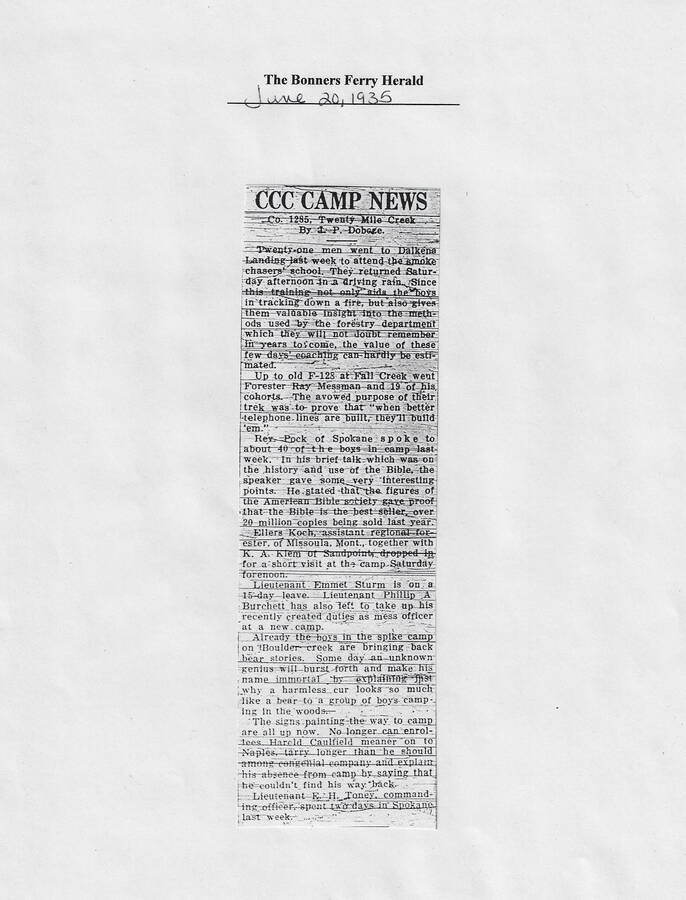Weekly column published on June 20, 1935, in The Bonners Ferry Herald reporting on camp activities, including fire fighters training and visitors.