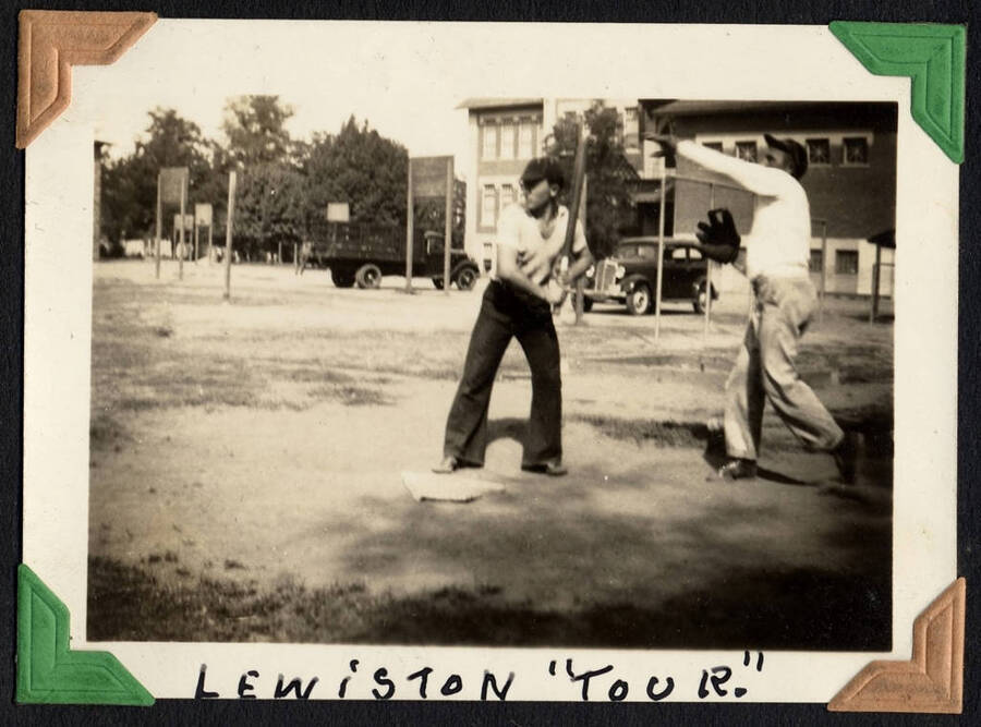 Batter and catcher at the plate. Captioned 'Lewiston 'Tour'.' Lewiston, Idaho. SCS-1, C-1503. From the Paul Saft photographic album, SCS-1, C-1503, 1938-39, depicting camp life, taken mostly in the Moscow, Lewiston, Robinson Lake areas.