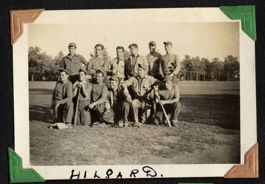 CCC Baseball team wearing CCC shirts and caps. From the Paul Saft photographic album, SCS-1, C-1503, Moscow, Idaho, depicting camp life, taken mostly in the Moscow, Lewiston, Robinson Lake area, 1938-19