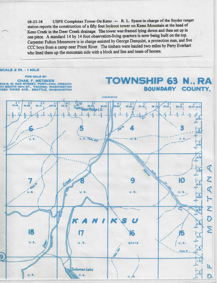 Map of Township 63, Boundary County, Kaniksu National Forest and caption dated 08-25-28 describing the completion of a fire lookout town on Keno Mountain at the head of Keno Creek by a CCC camp near Priest River.