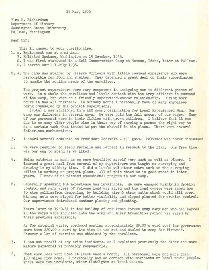 Typewritten responses to a questions created by Elmo R. Richardson, Department of History, Washington State University, Pullman, Washington