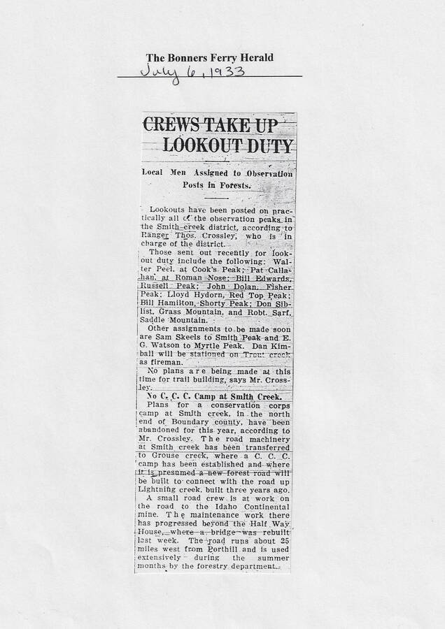 Describes local men being assigned to lookouts in the Smith Creek district and states that plans for a CCC camp at Smith's Creek have been abandoned for 1933 and equipment transferred to Grouse Creek CCC camp