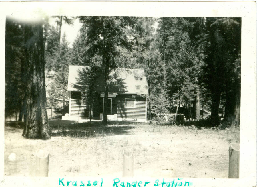 Picture of small administrative building from photo album. Handwritten caption: 'Krassel Ranger Station'.  This is likely to be located at Camp Creek, South Fork of the Salmon River, which built Krassel Ranger Station.