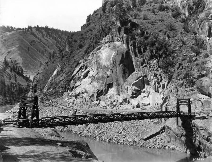 Manning Bridge across the Salmon River, Idaho National Forest, Idaho. Built by CCC boys in 1934.
