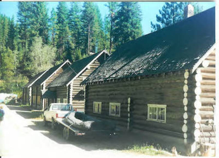Camp Smith Ferry buildings. Photo taken in 2000. Captioned: 'rear of camp logs and roofs are same as 1939' .