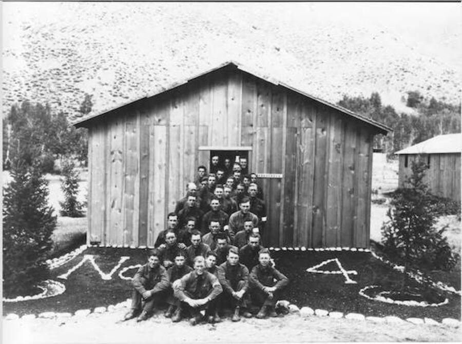 Group portrait of enrollees in front of barracks 4, Ketchum, Sawtooth National Forest,  IMG_0007b