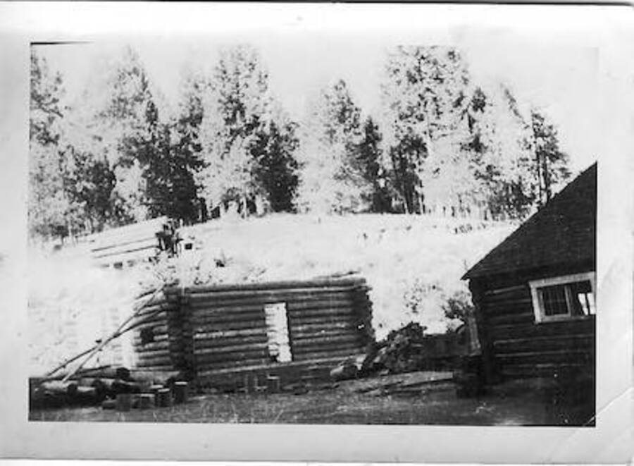 Photograph of a pole cabin under construction at the end of camp at Smith Ferry, 1939, with trees and log truck in background.