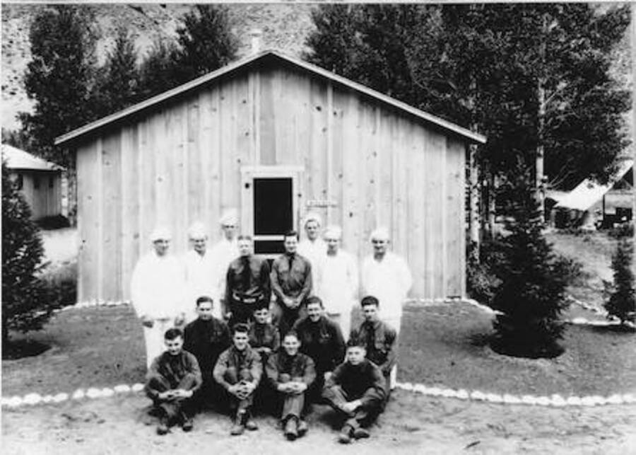 Cooks in front of barracks, Camp F-81,  IMG_0013a