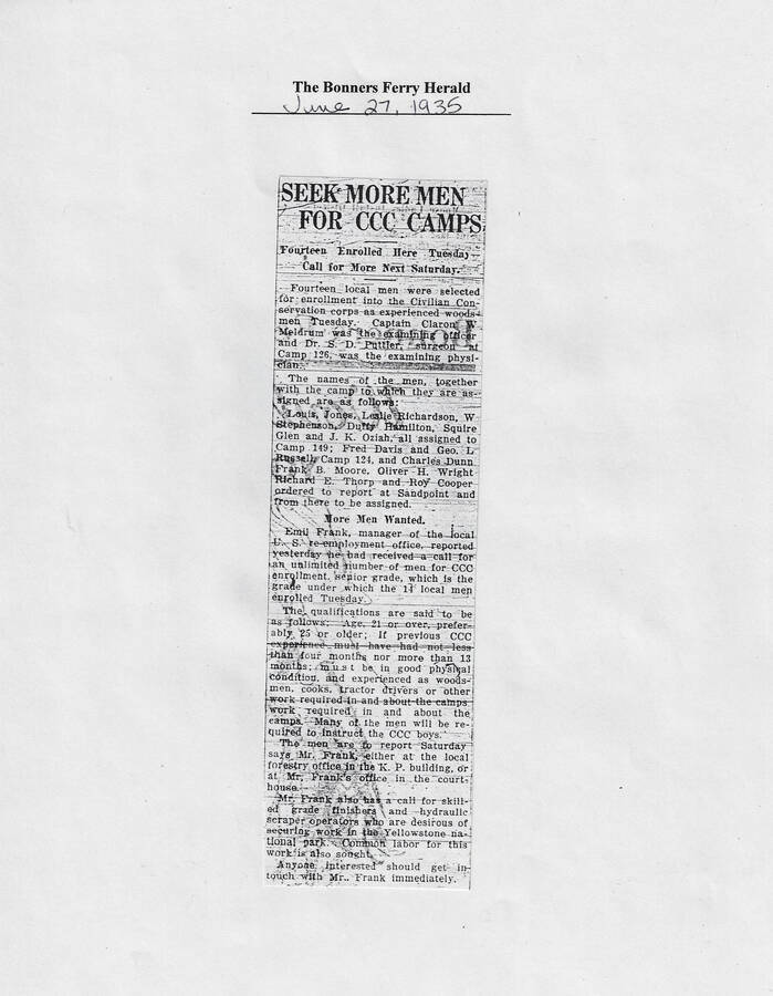 Newspaper article of June 27, 1935 published in The Bonners Ferry Herald, reporting on the hiring of local experienced men (LEMS) for various jobs requiring experience, including qualifications.