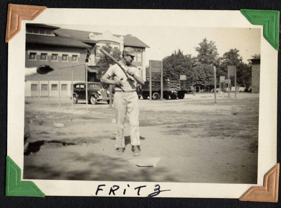 Batter at the plate, SCS-1, captioned 'Fritz'. From the Paul Saft photographic album, depicting camp life, taken mostly in the Moscow, Lewiston, Robinson Lake area, 1938-39