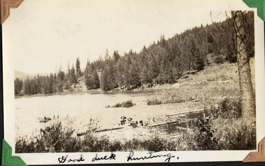 Shallow lake, captioned 'Good duck hunting.' SCS-1, C-1503. From the Paul Saft photographic album, SCS-1, C-1503, 1938-39, depicting camp life, taken mostly in the Moscow, Lewiston, Robinson Lake areas.