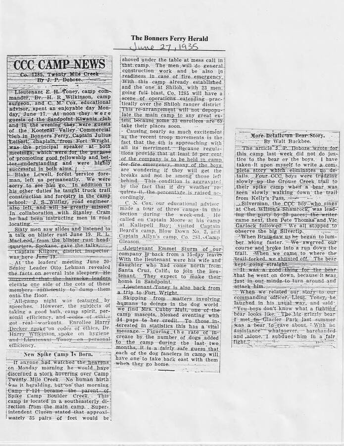 Weekly newspaper column reporting on C-1285, Twenty Mile Creek, reporting on formation of two spike camps off F-124 at Boulder Creek and Shiloh.