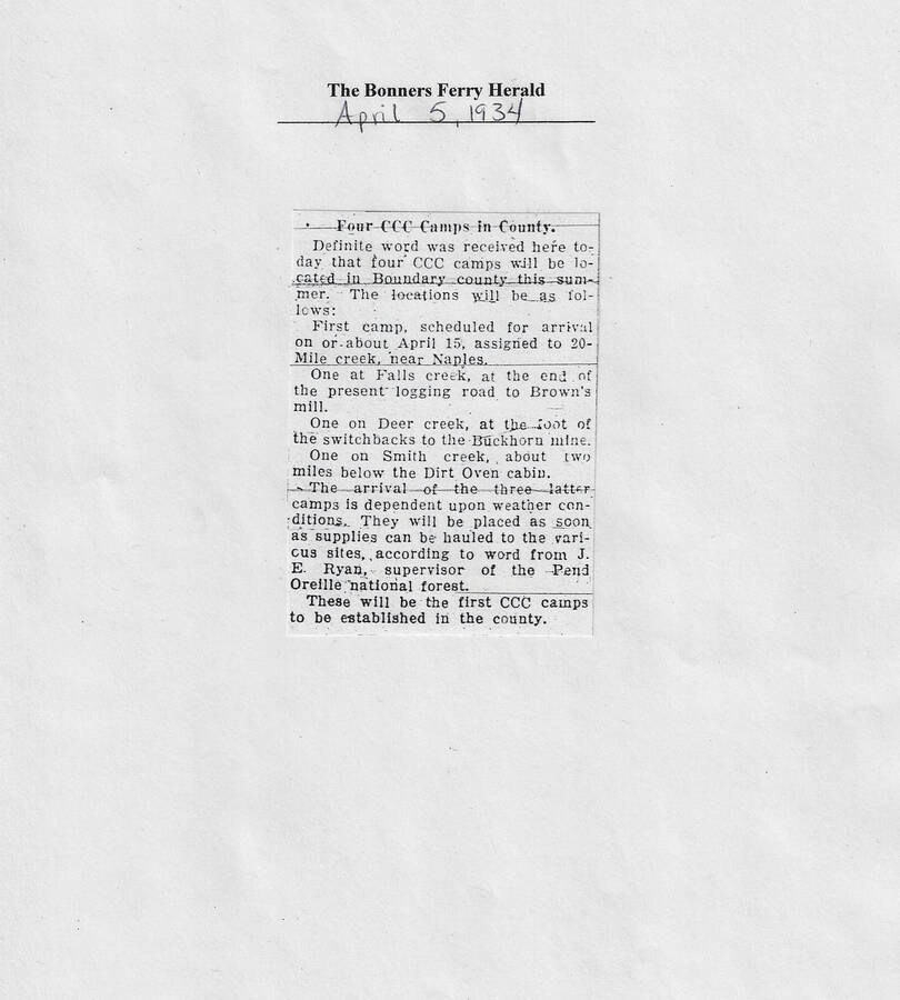 This news article published in the Bonners Ferry Herald on April 5, 1934 describes the first CCC camps to arrive in Boundary County: Naples, Falls Creek, Deer Creek, Smith Creek
