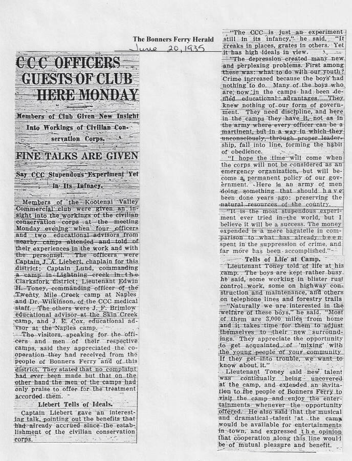 Newspaper article published on June 20, 1935, in The Bonners Ferry Herald reporting on speeches given the Kootenai Valley Commercial Club about the purpose of the CCC, and inviting communities to work together.