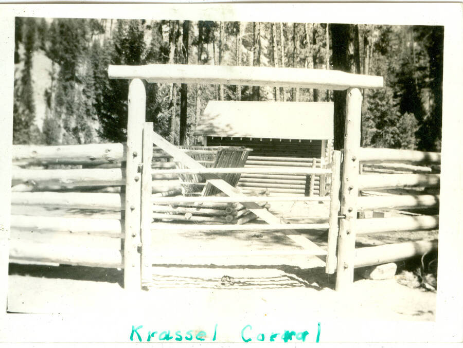 Picture from photo album of a poll corral. Handwritten caption: 'Krassel Corral'.  This is likely to be located at Camp Creek, South Fork of the Salmon River, which built Krassel Ranger Station.