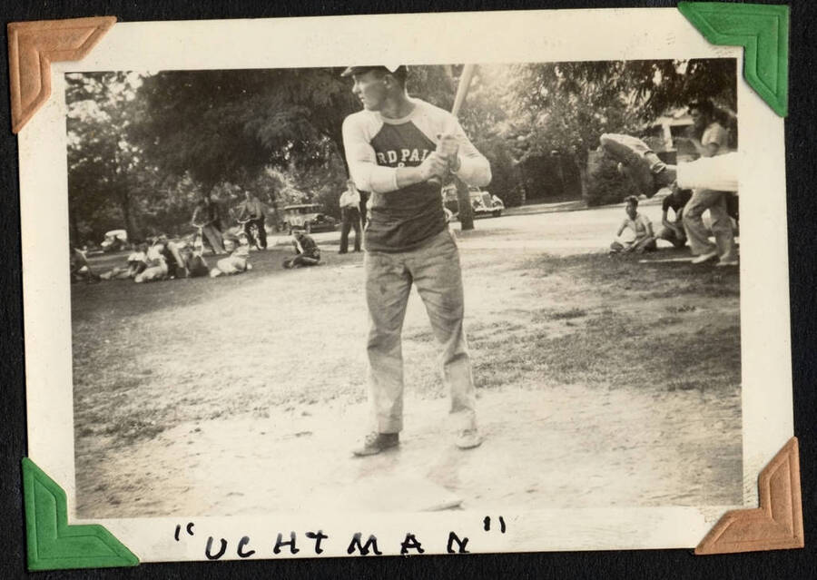 Batter at plate. Captioned: 'Uchtman'. SCS-01, C-1503. From the Paul Saft photographic album, SCS-1, C-1503, 1938-39, depicting camp life, taken mostly in the Moscow, Lewiston, Robinson Lake areas.
