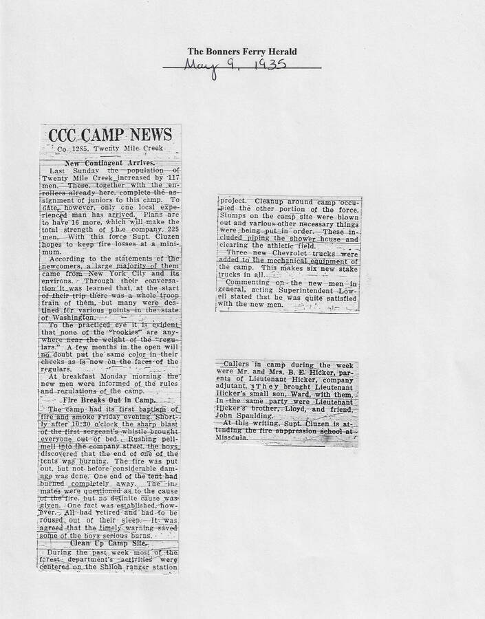 Newspaper articled published in the Bonners Ferry Herald, May 9, 1935, 'CCC Camp News, Co. 1285 Twenty Mile Creek,' May 9, 1935