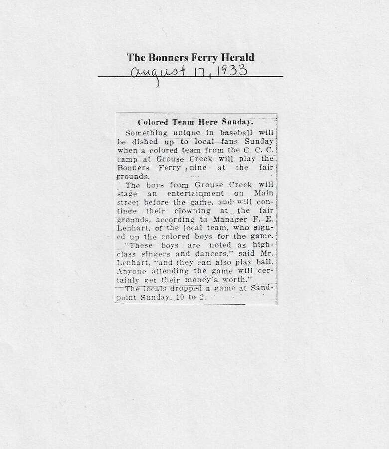 Newspaper article from The Bonners Ferry Herald, Aug. 17, 1933, announcing a baseball game between a local team at Bonners Ferry and the 'colored team' at Grouse Creek, to be preceded by entertainment ('clowning') provided by that camp.