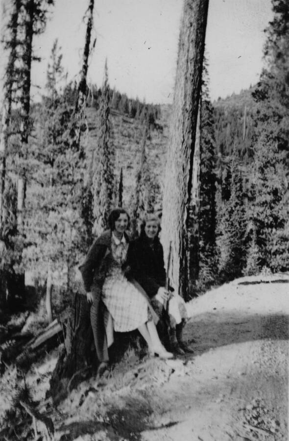 Ina Quist Davis's handwritten picture caption in her photo album says, "Alice [Quist Davis] and me [Ina Quist Davis] near Beaver Camp Devil's Creek Hill." Note that sisters Alice Quist and Ina Quist married brothers Lydell Davis and Walter Davis, hence they have the same married names. In 1935 Alice was married, but Ina and Walt were not yet. In the picture, Alice is on the left, and Ina is on the right holding a rifle. Alice was living at the camp because her husband, Lydell Davis, was managing a group there, according to Della Davis Munnich, their daughter. Ina went for a visit when these pictures were taken.