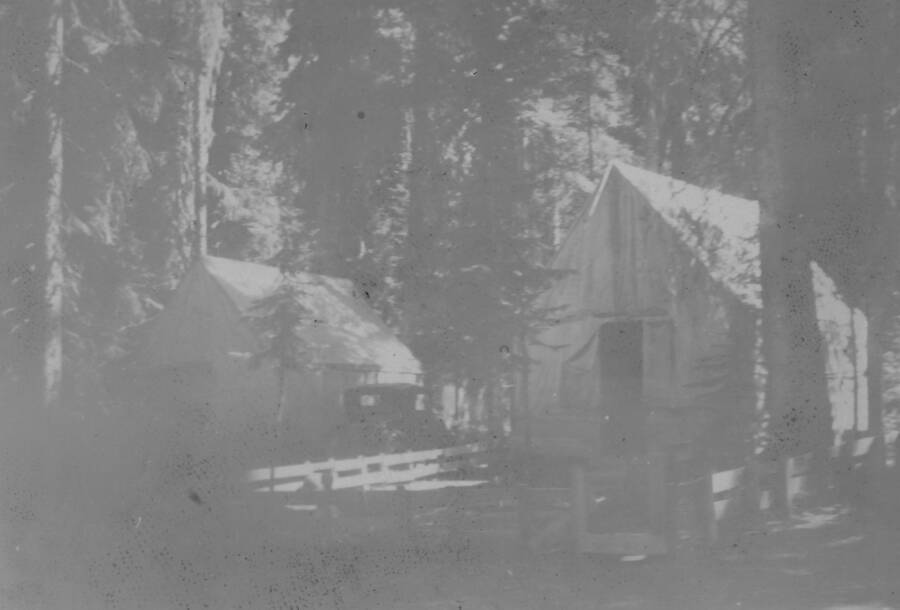 Two tents Ina Quist Davis identifies as "Alice [Quist Davis] & Lydell's [Davis] and Lee & Scully's tents at Beaver." On the back of the picture, Ina writes, "Alice's and the Lieutenant's tents." This implies that Lydell Davis was likely a Lieutenant at the camp as well. The car in the picture belonged to Lydell Davis, per Della Davis Munnich, their daughter.