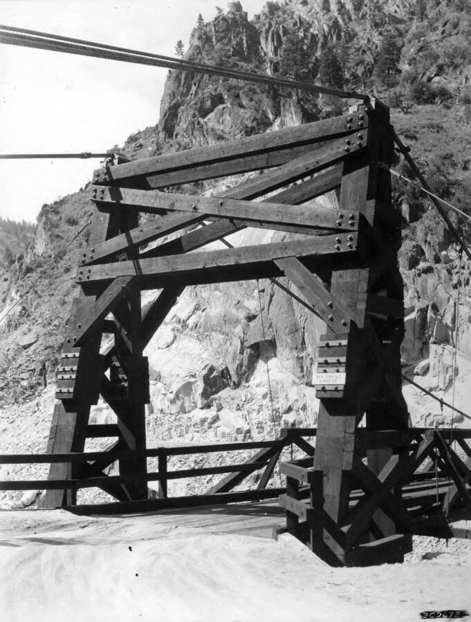 Suspension tower at south end of the Manning Crevice Bridge, built by CCC boys in 1934.