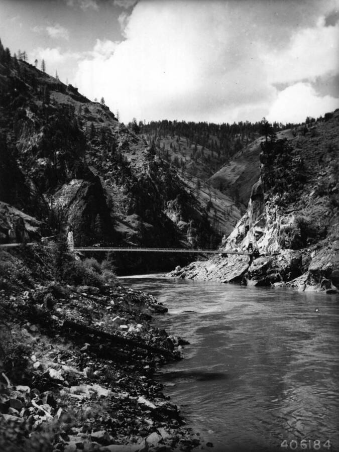 Manning Crevice Bridge over the Salmon River, 1940, Idaho National Forest, Idaho. Writing on the photo says: '406184'.