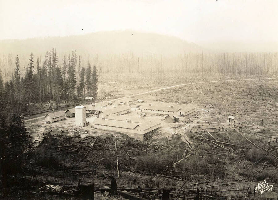 Aerial view of Blow Down 2 CCC Camp, F-159. Writing on the photo reads: 'Leo's Studio'.
