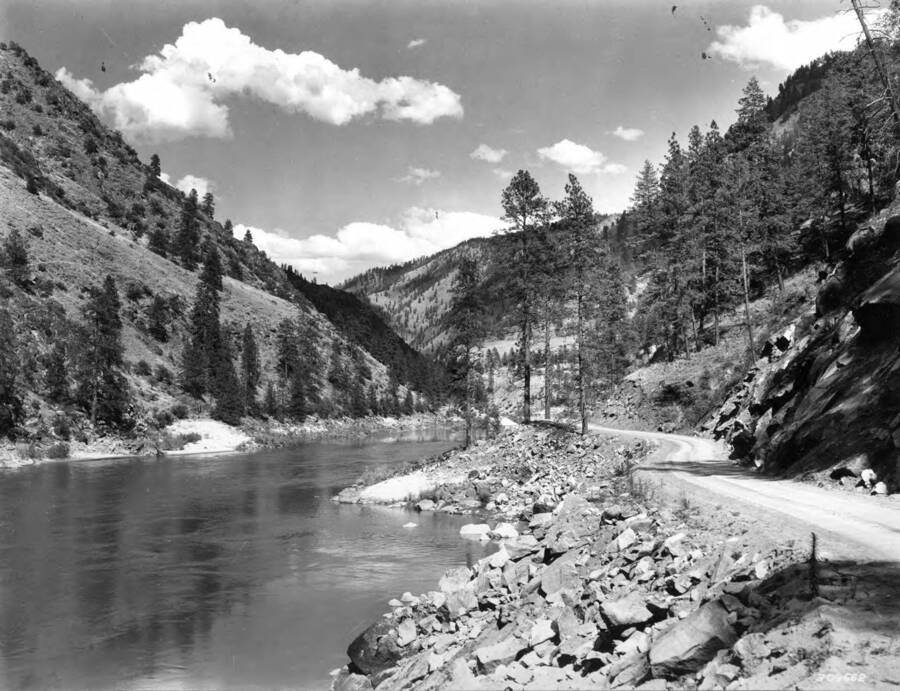 A scenic spot on the road built on the Salmon River by the CCC men in 1934. The road is below French Creek, Idaho.