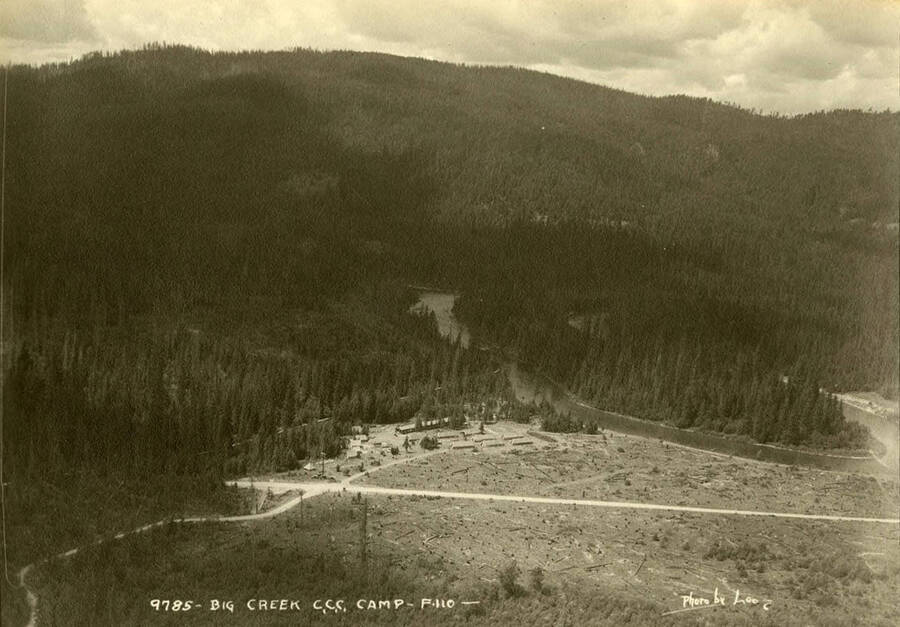 Aerial view of Camp Big Creek, F-110, and the surrounding countryside. Writing on the photo reads: 'Big Creek CCC Camp F-110 Photo by Leo's Studio'.