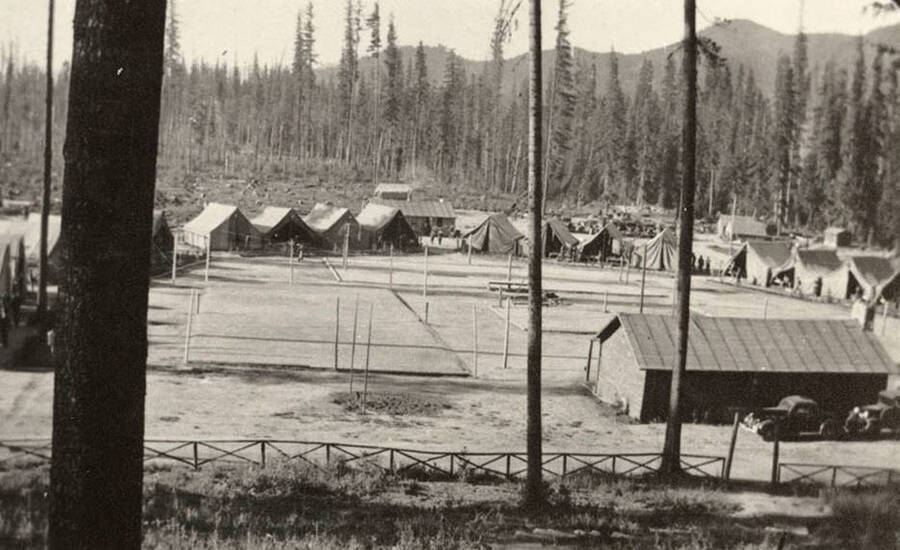 View of Blow Down 2 CCC Camp, F-159. Back of photo reads: 'Summer CCC Camp on Bismark Ranger District. 1934 Camp F-159. Hank Peterson photo, Chuck Peterson Copy'.