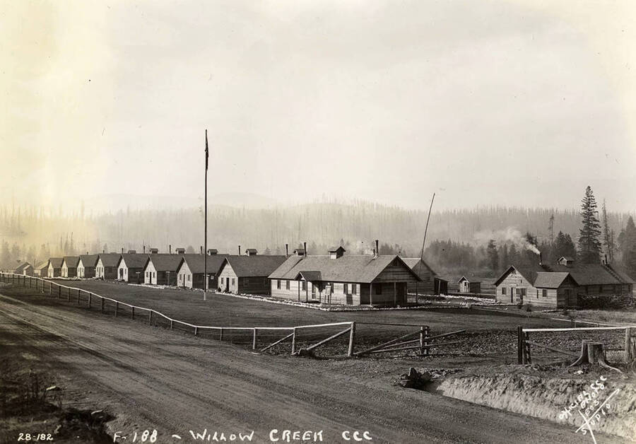 A view of Willow Creek CCC Camp, F-188. Writing on the photo reads: 'F-188 Willow Creek CCC Official CCC photo Leo's Studio'.