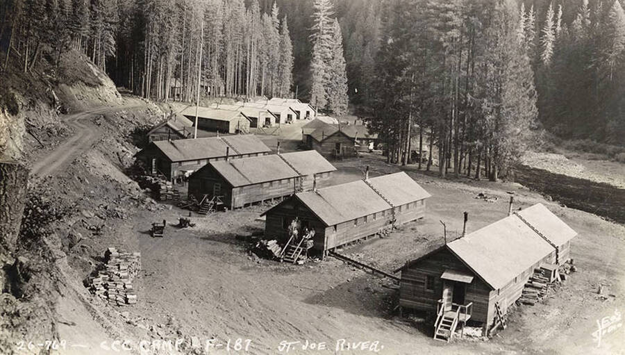 View of St. Joe River CCC Camp, F-187. Writing on the photo reads: 'CCC Camp F-187 St. Joe River'.