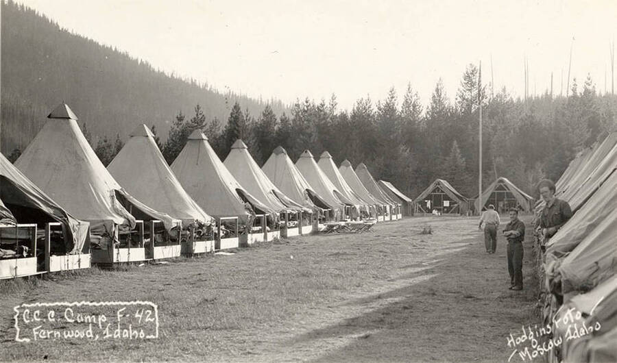 A view down the row of tents at CCC Camp F-42 near Fernwood, Idaho. Writing on the photo reads: 'CCC Camp F-42 Fernwood, Idaho Hodgins Foto Moscow, Idaho'. Back of photo reads: 'West Fork Emerald Creek 1933 D.J. Moore CP [Captain] St. Joe National Forest'.