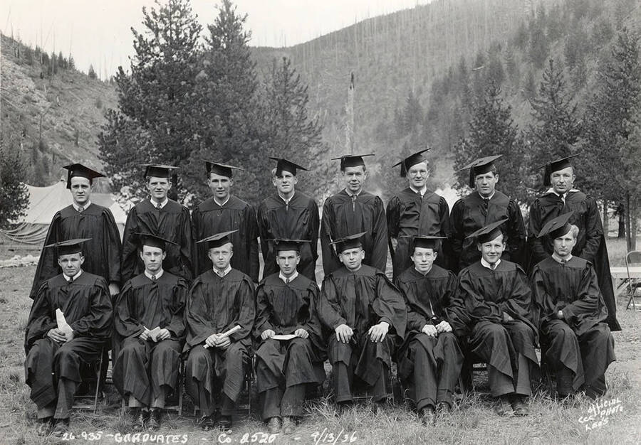 Group photo of CCC graduates from Company 2525, taken at Red Ives CCC Camp, F-184. Writing on the photo reads: 'Graduates Company 2525 9/13/36 Official CCC photo Leo's'. Back of the photo reads 'St. Joe Red Ives'.
