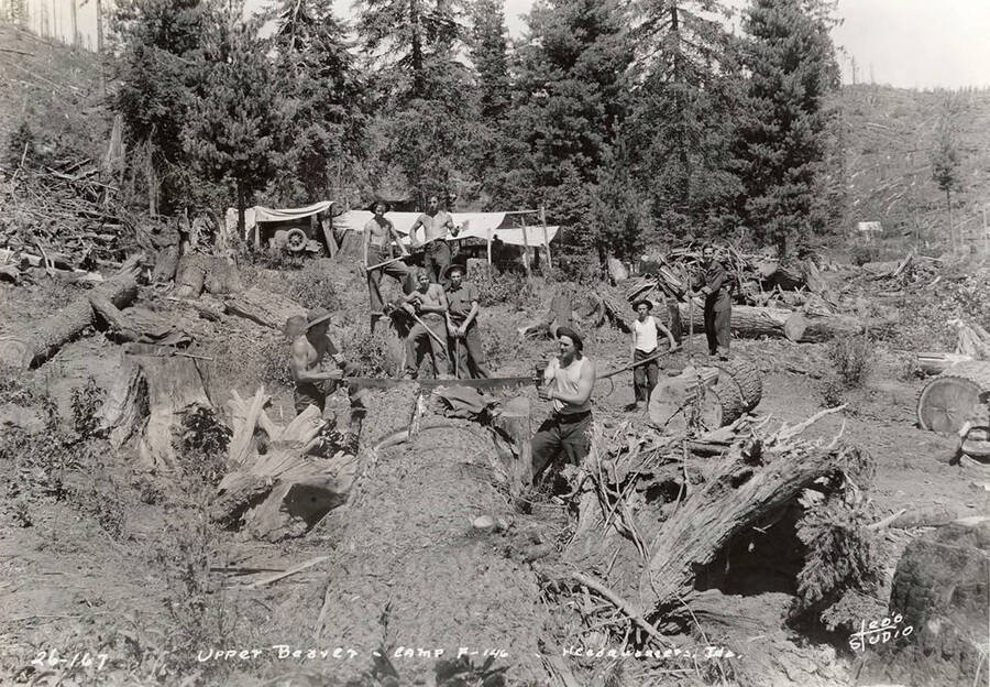 Group photo of a CCC crew from Upper Beaver CCC Camp, F-146. Men are posed with saws and peavies with a truck and make-shift shelters in the background. Writing on the photo reads: 'Upper Beaver Camp F-146 Headquarters, Idaho Leo's Studio'. Back of the photo reads: 'Upper Beaver St. Joe National Forest'.
