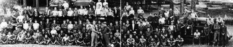 Panoramic group portrait of CCC Camp Santa Creek CCC men. Writing on the photo reads: 'CCC Camp F-40 Company [1201] Santa Cr.'