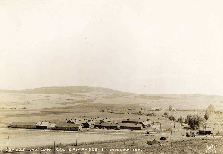 View of Moscow CCC Camp, SCS-1. Writing on the photo reads: 'Moscow CCC Camp SCS-1 Moscow, Idaho. Leo's Studio'.