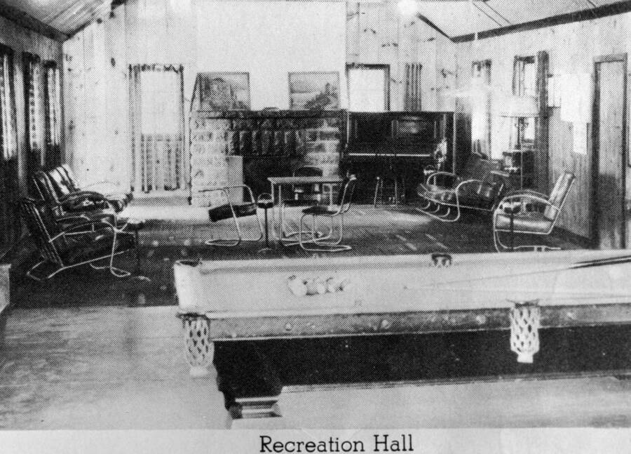 An interior view of the recreation hall at Camp Heyburn.