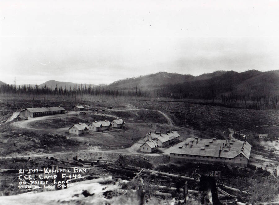 A view of Camp Kalispell Bay CCC Camp F-142, Company 1994, Priest Lake, Idaho, 1935.