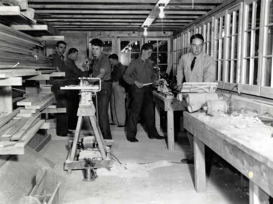 CCC men participating in a carpentry class.
