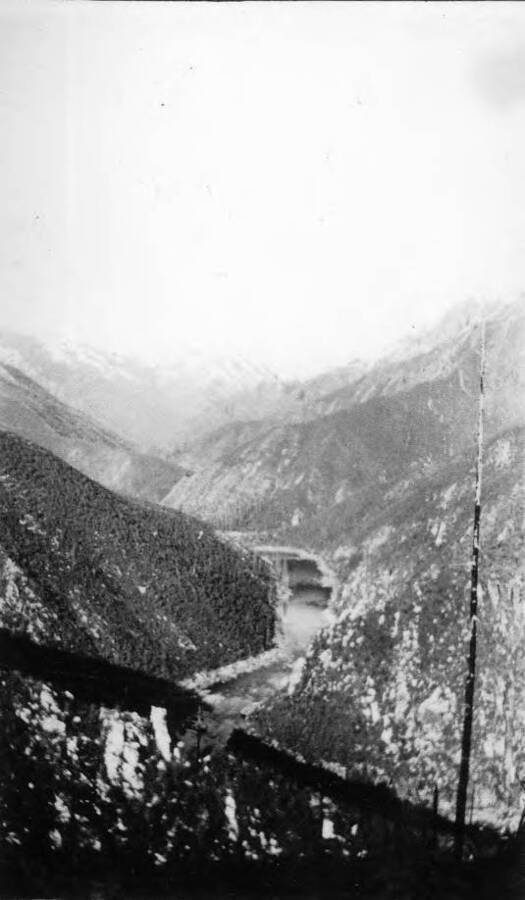 View of the North Fork of the Clearwater River from a bridge, near CCC Camp Bungalow, F-193.