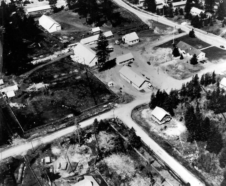 Aerial view of the Payette National Forest Service Headquarters in McCall. Also shown is the CCC Camp on the shores of Payette Lake.