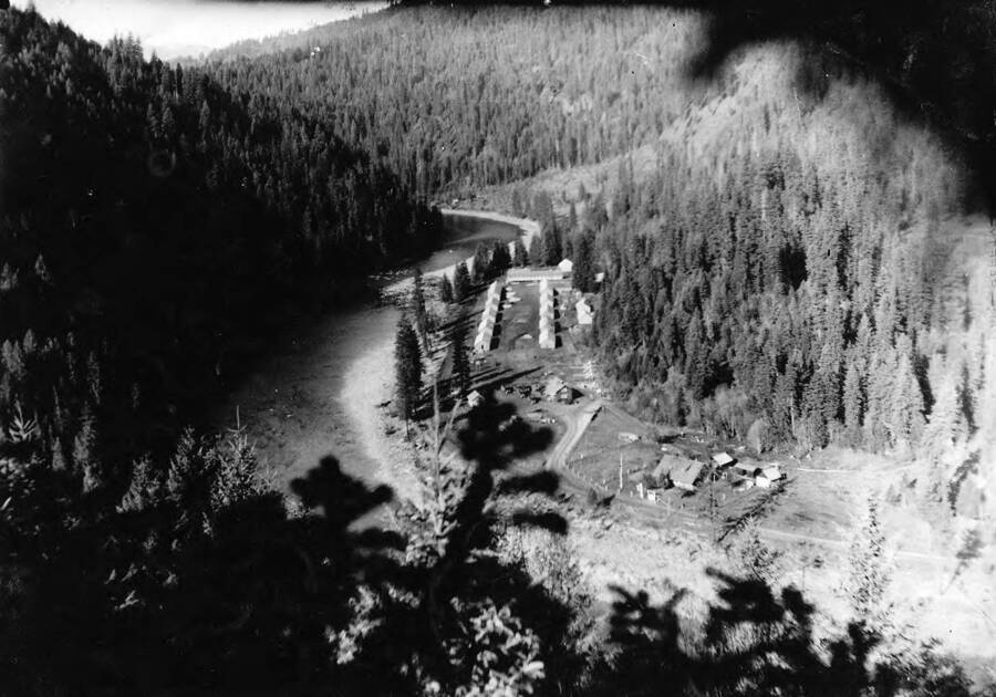 Aerial view of Camp O'Hara under construction. And the nearby Ranger Station. Back of photo reads: O'Hara CCC Camp 1935-1936 under construction Ranger Station St. Gertrude's Museum Civilian Conservation Corps.