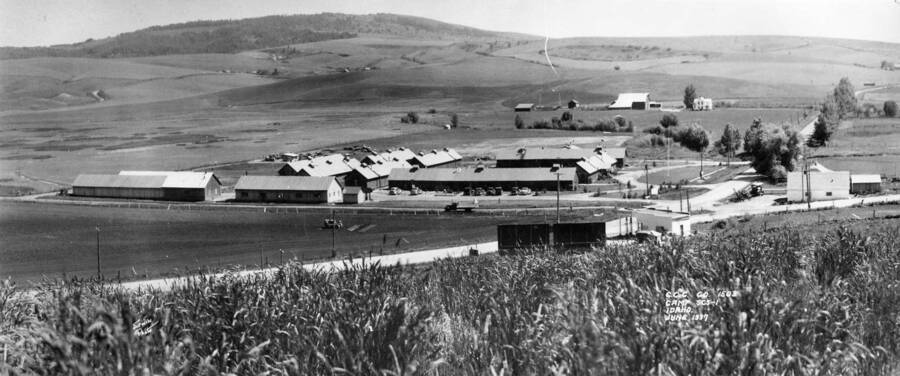 View of CCC Camp SCS-1 near Moscow, Idaho. The writing on the photo reads: 'CCC Company 1503 Camp SCS-1 Idaho June 1937'. The back of the photo reads: 1-6-307 Photo from Dave Hickman'.