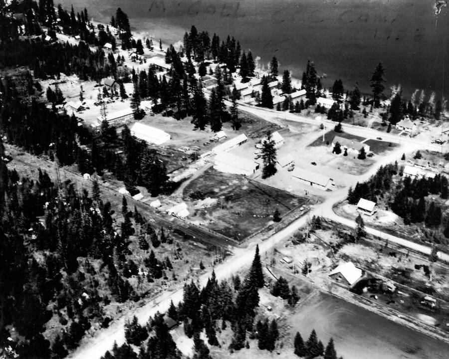Aerial view of the Payette National Forest Service Headquarters in McCall. Writing on the photo reads: 'McCall CCC Camp 1938.'
