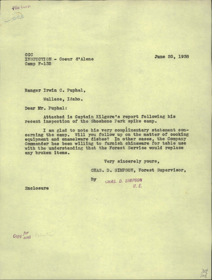 A letter of correspondence regarding an inspection report from 1938 for CCC Spike Camp, Shoshone Park. The Inspection Report has not been included.