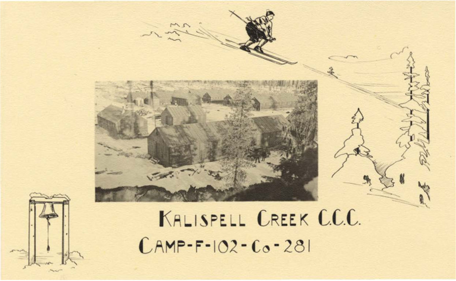 A compilation of several different Christmas postcards, rosters, menus, and other documents from CCC Camps Kalispell Creek, F-102, C-281; Beauty Bay, F-182, C-967; Peone, SCS-2, C-4795; Willow Creek, F-188, C-2524; Cataldo, F-114, C-967; and Blow Down #2, F-159, C-4762. From years 1934-1936.