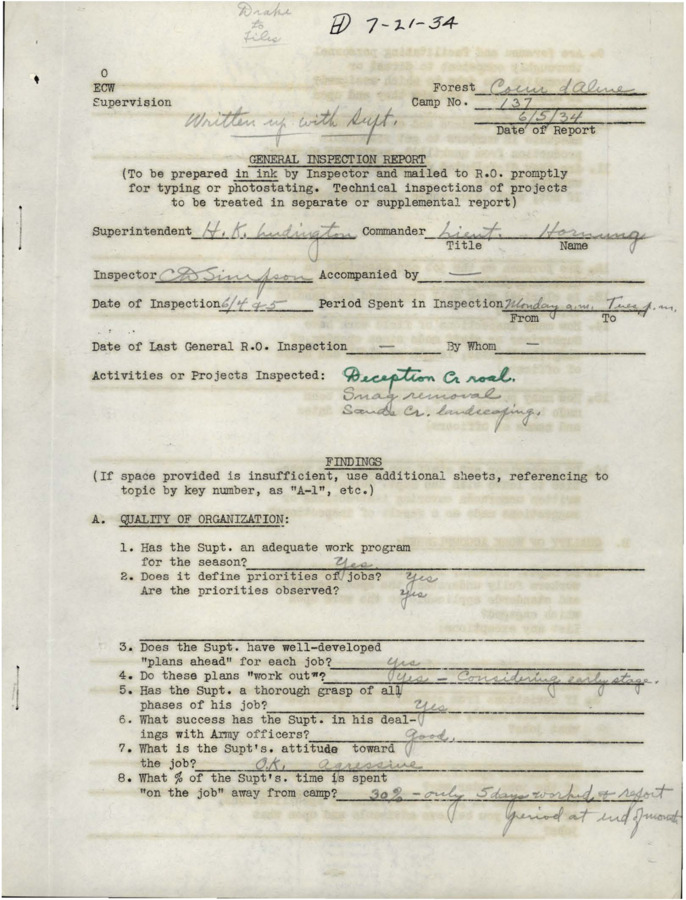 A variety of inspection reports, correspondence, regarding those reports, and memos from 1934 through 1939 for Deception Creek CCC Camp, F-137.