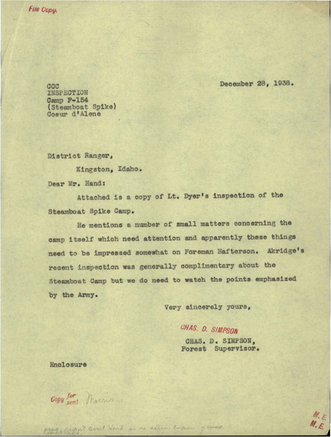 A letter of correspondence regarding an inspection report from 1938 for CCC Spike Camp, Steamboat. The Inspection Report has not been included.